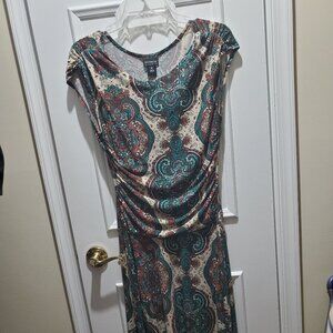 Paisley polyester/stretch midi dress, size 8